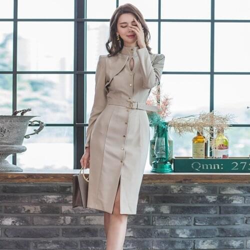 Autum Korean Elegant Office OL Pencil Dress Women Slim Single-breasted Sheath Dresses Business Work Bodycon Vestidos With Sashes