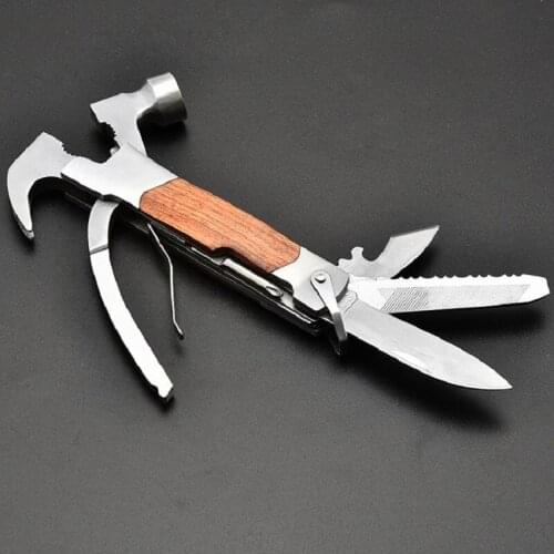 13-In-1 Wood Steel Handle Multi Tool Pliers Hammer Knife Saw File and Screwdriver Survival Camping Tools