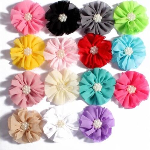 200pcs/lot 6.5CM 15Colors Artificial Soft Chiffon Fabric Flowers With Flower Shaped Acrylic Button For Baby Hair Accessorirs