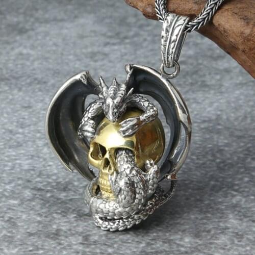 925 Sterling Silver Dragon &Gold Color Skull Men Punk Rock Biker Pendant A5257