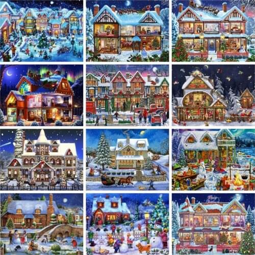 Huacan 5D Diamond Mosaic Winter House Diamond Embroidery Paintings Landscape Christmas Decoration For Home