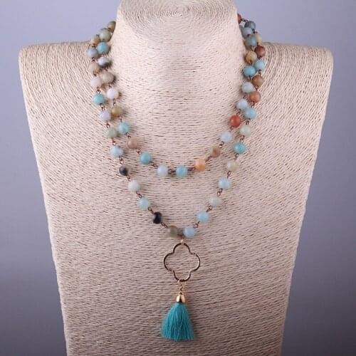 Free Shipping Amazonite Stones Bohemian Tribal Jewelry Dia Plum Blossom and Small Blue Tassel Necklace