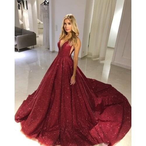 Glitter Wine Red Sequin Prom Dress Ball Gown Deep V Neck Court Train Sparkly Long Women Evening Dresses Plus Size Party Gowns