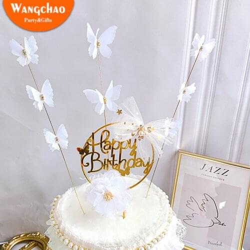 Romatic Butterfly Cake Topper Set Baby Shower Kids Party Favors Supplies Candy Bar Cake Decorating Happy Birthday Cake Toppers
