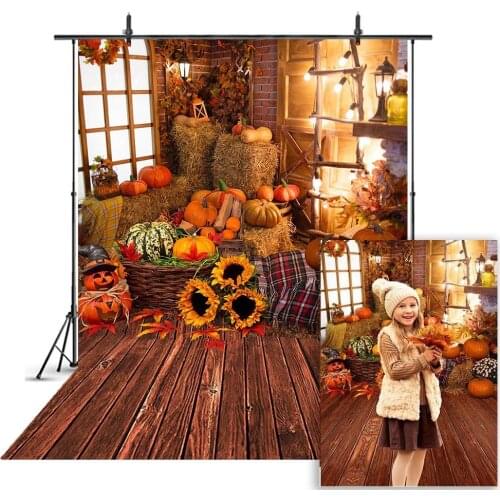 Halloween Backdrop Halloween Background Fall Thanksgiving Wooden Floor Barn Autumn Pumpkins Maple Leaves Sunflower Backdrops