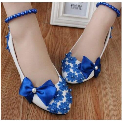 Blue bows lace pearls anklet wedding/party pumps shoes , TG016 low small heel middle high heels custom make bow blue white shoe