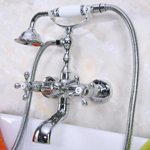 Chrome Brass Dual Handle Bathtub Faucet with Hand Shower Telephone Type Bath Faucets Sets Mixer Tap Wall Mounted Lna186
