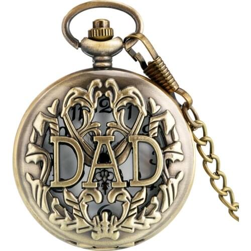 Antique DAD Pocket Watch Hollow Design Pendant Bronze Necklace Mens Fashion Pendant Happy Fathers Day Gifts for Dad Daddy Clock