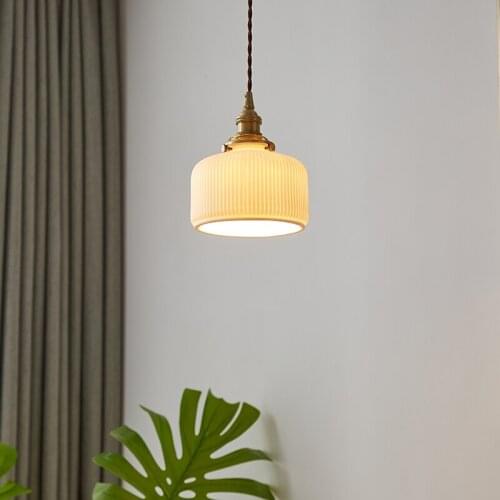 E27 brass lamp holder Japanese Style Ceramic LED Pendant Lights Retro Pleated Chandelier Nordic Restaurant Bar Bedside Wall Lamp