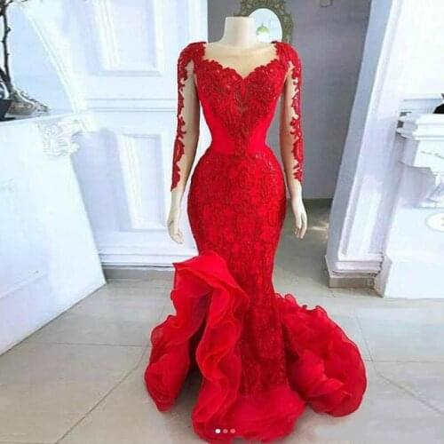 Red Muslim Evening Dresses Mermaid Long Sleeves Appliques Lace Islamic Dubai Saudi Arabic Long Elegant Evening Gown