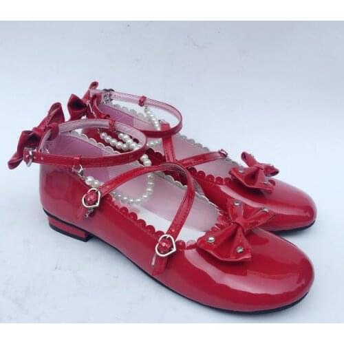 Japanese Harajuku Low Chunky Heels Sweet Wine Round Toe Bowtie Princess Lolita Shoes Kawaii School Girls Lolita Flat Shoes
