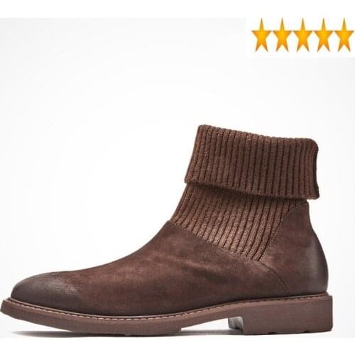 Leather Genuine Men Patchwork 100% Cowboy Brand Casual High-Top Sock England Style Autumn Winter Slip On Ankle Boots