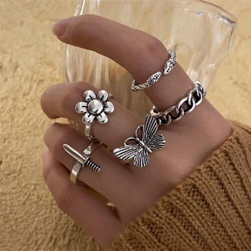 Punk Flower Butterfly Ring Set For Girls Punk Snake Accessories Fashion Jewellery New Trendy for Women Vintage Adjustable