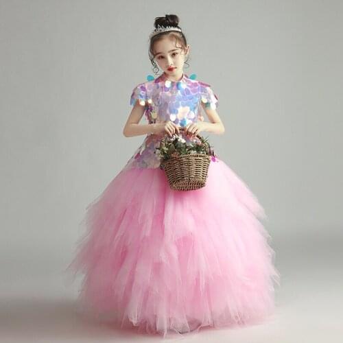 Flower Girl Dresses Illusion Elegant High Sequined Short Princess Floor-Length Tulle Lace Luxury Pink Cute Kids Party Gown H397