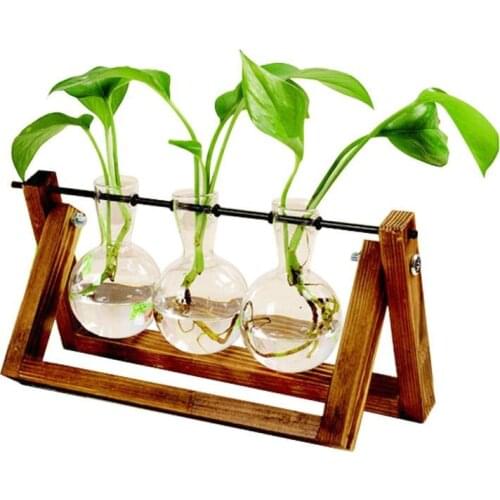 New Hydroponic Plant Vases Vintage Flower Pot Transparent Vase Wooden Frame Glass Tabletop Plants Home Decor Party Gifts