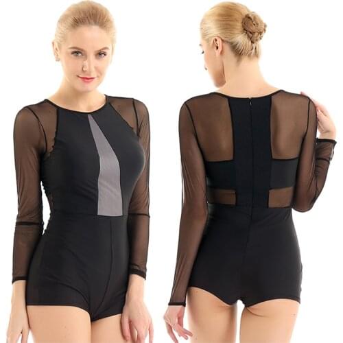 TiaoBug Fashion One-piece Round Neck Long Sleeves Mesh Splice Ballet Gymnastics Leotard Women Gym Unitards Biketard Dance Wear