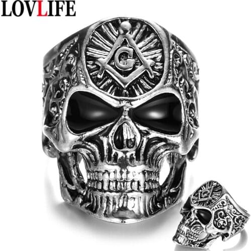 Vintage Charm Mason Freemason Masonic Skull Rings Rock Hip Hop Punk Alloy Ghost Head Black Men Ring Fashion Hand Jewelry