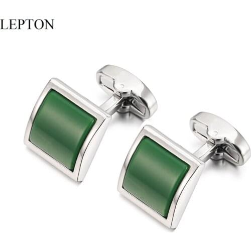 Lepton Green Glass Cufflinks for Mens Wedding Groom High Quality Square Glass Cuff links Men Shirt Cuffs CuffLink Drop Shipping