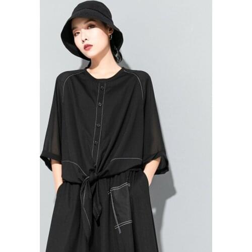 Chiffon Stitching Irregular Bow Black White Tees Tops Women Summer Blouse O-Neck Big Loose Size Cotton Casual T-Shirt