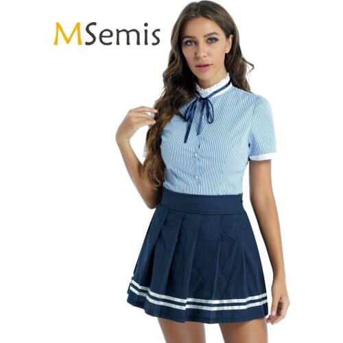 Womens Schoolgirl Uniform Student Roleplay Cosplay Outfits Short Sleeve Bowknot Button Down Striped Shirt with Pleated Skirt