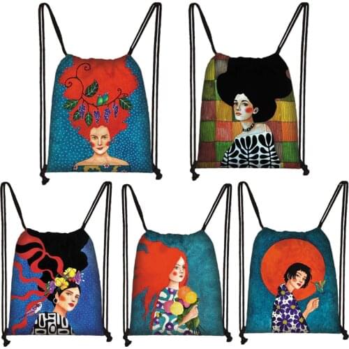 Retro European Oil Painting Girls Drawstring Bag Nice Flowers Rope Bags Girls Portable Backpack Unisex Travel Shopping Bags