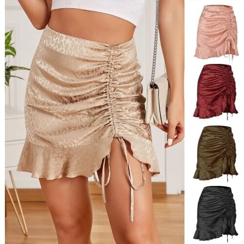 Women Leopard Satin Skirt 2021 Summer Autumn Female Ruched Drawstring High Waist Ruffle Skirt Irregular Bodycon Mini Skirt