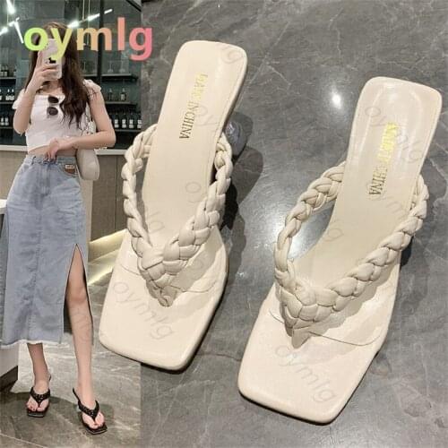 High-heeled slippers women wear flip-flops with square toe stiletto temperament fashionable mid-heeled sandals slippers summer