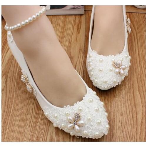 Womans wedding shoes 2018 newest fashion HS001 female lady lace party proms dress shoes bridal ivory lace pearls brides shoes