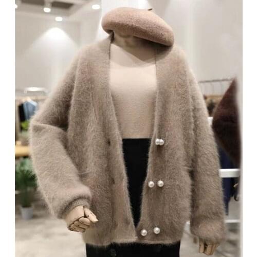 Women medium long angora rabbit fur cardigan long sleeves 100% mink cashmere sweater mink knit coat winter peal button tbsr770