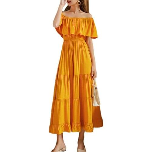 Women Maxi Dress High Waist Solid Color Ankle-length Ruffle Slash Neck Off Shoulder Backless Long Dresses for Ladies Party