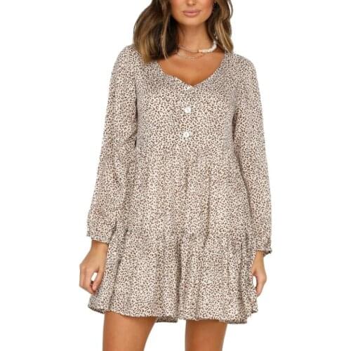 Women’s Casual Long-sleeved Dress Personality Leopard High-waist Button V-neck Loose Short Dress