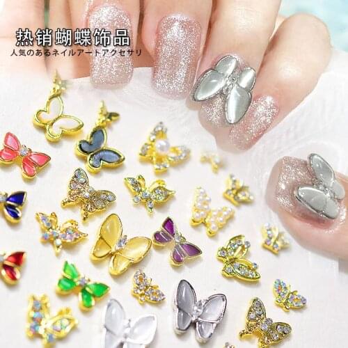10pcs Butterfly Nail Charm Alloy Rhinestone Floating Charm Pendant Charm Style Manicure Stones Gem 3D Design Accessories YJY