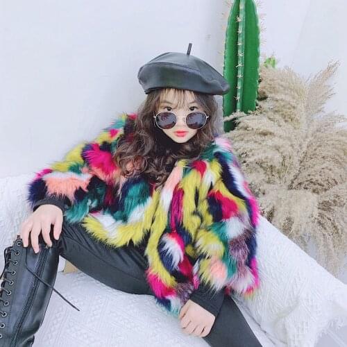 2020 New !! Rainbow fur patchwork / Faux fur coat/ mommy and daughter matching clothes family matching clothes