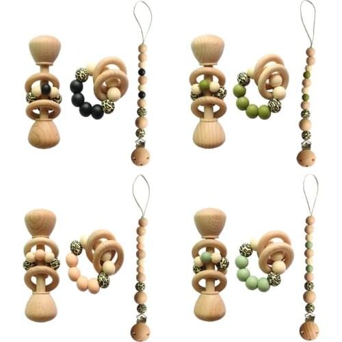 3 Pcs/Set Baby Pacifier Clip Chain Dummy Holder Bracelet Teething Soother Molar Infants Wooden Rattle Teether Newborn Shower Gif