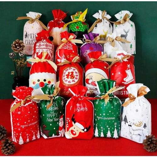 50 Pcs/lot Christmas Gift Bags Santa Claus Elk Candy Bag Xmas New Year Party Decoration Drawable Bags Packing Favors Cookie Bag