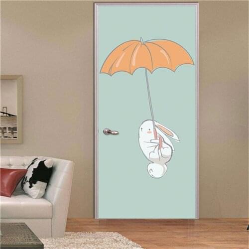 Watercolor Cartoon Rabbit Door Stickers for Kids Rooms Mural Wallpaper Self-adhesive Waterproof Posters Home Design Decor Decals