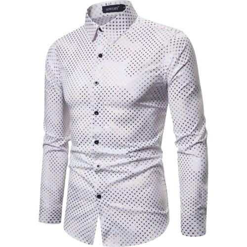 White Plaid Bronzing Print Shirt Men Camisa Hombre 2020 Brand Mens Casual Button Down Dress Shirts Nightclub Party Tuxedo Shirt