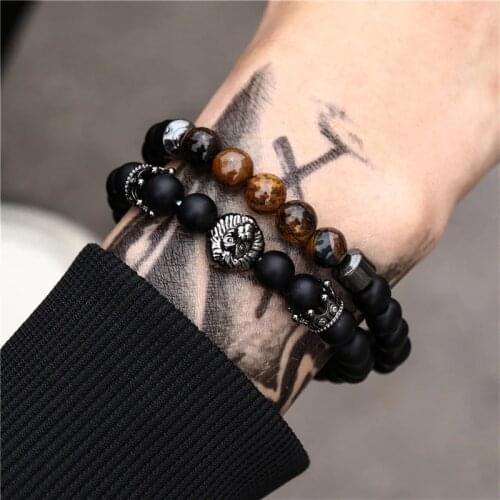 Crown Lion Men Bracelet Jewelery 8mm Bead Bracelets 2pcs/set For Women Black Matte Stone Beads Pulseras Hombre Bileklik Erkek
