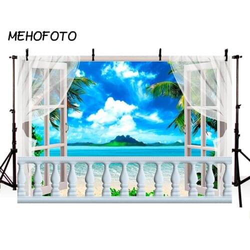 MEHOFOTO Seascape Photography Backdrop Blue Sky White Cloud Beach Sea View White Window Background Photobooth Photocall