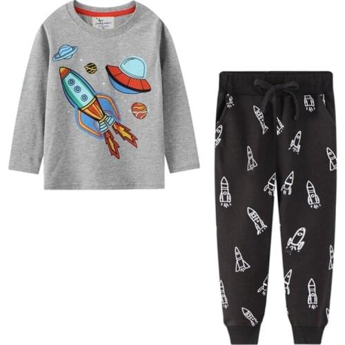 Cotton Rocket Print Autumn Spring Outfits Children Clothing Sets Boys T shirts Trousers Kids Suits Sets Cotton Baby Boys Clothes