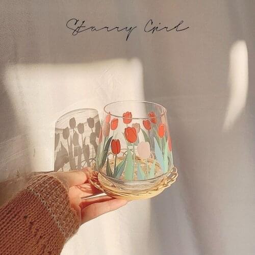 Creative Cute Flower Glass Mugs with Coaster Milk Tea Glass Cup Coffee Mug Glass Water Bottle Cute