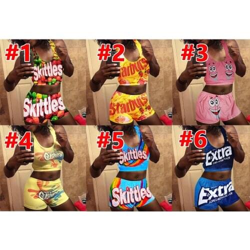 Summer Sexy Cartoon Print Womens Two-piece Sports Vest Cropped Top Sleeveless Tight-fitting High-waist Shorts Sportswear Suit