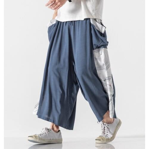 2020 Men Wide Leg Pants Mens Cotton Linen Joggers Pants Man Elastic Waist Print Baggy Trousers Male Streetwear Dance Pants M-5XL