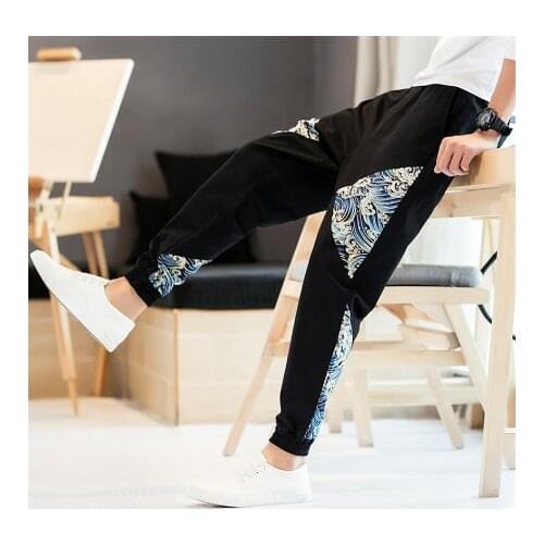 Men Pants Japanese Style Samurai Kimono Cardigan Homme Chinese Clothing Print Wave Cotton Loose Plus Bottoms Adult Trousers