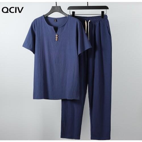 Mens Solid Color Clothing Plus Size Tracksuit Summer Suit Linen Cotton T-shirt Casual Male Set 7XL 8XL 9XL Big Two Pcs Men Set