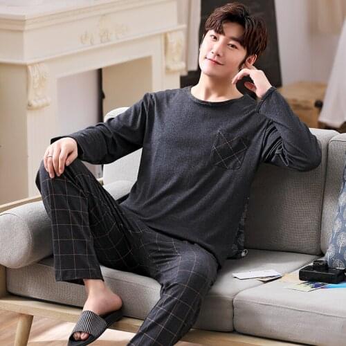 Upper Pocket Boy Man Pullover Long Sleeve Trousers Pajama a set Jammies O-Neck Home Casual Sleepwear Nightwear Pyjamas 6535Cotto