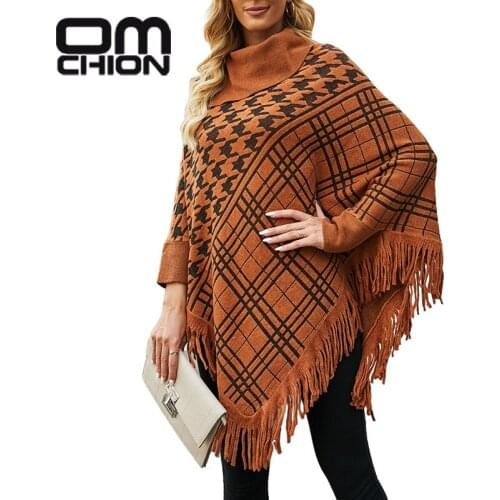 OMCHION Batwing Sleeve Oversized Ponchos 2021 Autumn Winter Shawl Cloak Women Casual Sweater Half Open Collar Tassel Knit Coat