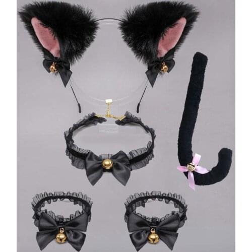 Halloween Fox Cat Ears Headband Lace Bow Bell Collar Bracelet Tail Set Cosplay Costume Animal Headwear Maid Lolita Accessories