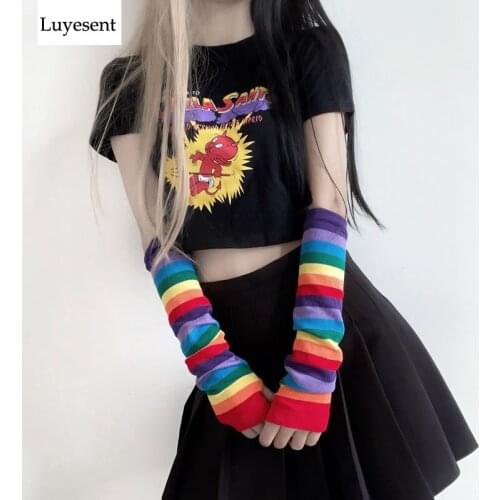 Rainbow Stretch Women Glove 2020 Lady Colorful Striped Fingerless Cuff Hipster Sport Elbow Length Mitten Sun-protect Arm Warmer