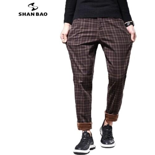 SHAN BAO Winter Warm Plus Velvet Thick Casual Pants 2020 Brand Clothing Trend Rivet Mens Fitted Fashion Plaid Pants Wine red
